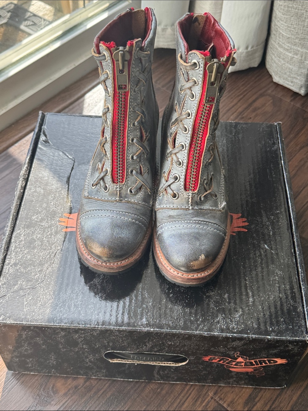 Freebird by Steven Distressed Gray 🩶 Ankle Booties with Red Front Zipper